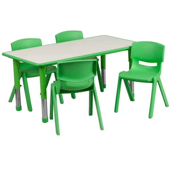 23.625W-x-47.25L-Rectangular-Green-Plastic-Height-Adjustable-Activity-Table-Set-with-4-Chairs-by-Flash-Furniture