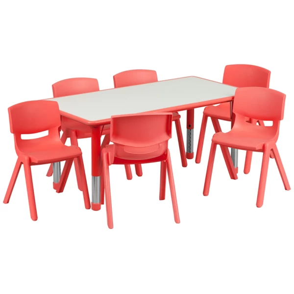 23.625W-x-47.25L-Rectangular-Red-Plastic-Height-Adjustable-Activity-Table-Set-with-6-Chairs-by-Flash-Furniture