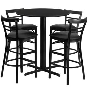 24'' Round Black Laminate Table Set with 4 Ladder Back Metal Barstools - Black Vinyl Seat - by Flash Furniture