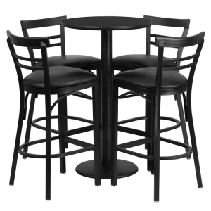 24'' Round Black Laminate Table Set with 4 Ladder Back Metal Barstools - Black Vinyl Seat - by Flash Furniture