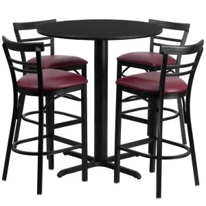 24'' Round Black Laminate Table Set with 4 Ladder Back Metal Barstools - Burgundy Vinyl Seat - by Flash Furniture