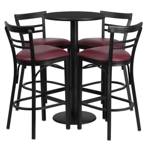 24'' Round Black Laminate Table Set with 4 Ladder Back Metal Barstools - Burgundy Vinyl Seat - by Flash Furniture
