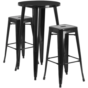 24'' Round Black Metal Indoor-Outdoor Bar Table Set with 2 Square Seat Backless Stools - by Flash Furniture