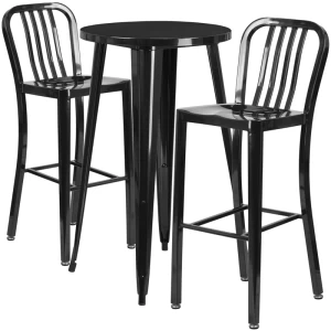 24'' Round Black Metal Indoor-Outdoor Bar Table Set with 2 Vertical Slat Back Stools - by Flash Furniture