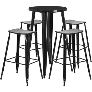 24'' Round Black Metal Indoor-Outdoor Bar Table Set with 4 Saddle Seat Stools - by Flash Furniture