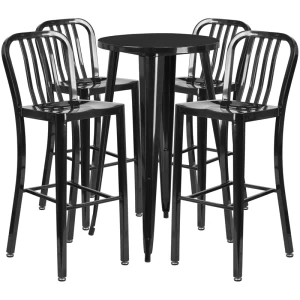 24'' Round Black Metal Indoor-Outdoor Bar Table Set with 4 Vertical Slat Back Stools - by Flash Furniture