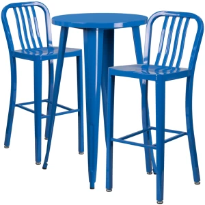 24'' Round Blue Metal Indoor-Outdoor Bar Table Set with 2 Vertical Slat Back Stools - by Flash Furniture