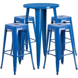 24'' Round Blue Metal Indoor-Outdoor Bar Table Set with 4 Square Seat Backless Stools - by Flash Furniture