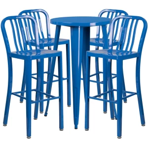 24'' Round Blue Metal Indoor-Outdoor Bar Table Set with 4 Vertical Slat Back Stools - by Flash Furniture