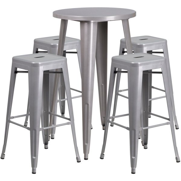 24-Round-Silver-Metal-Indoor-Outdoor-Bar-Table-Set-with-4-Square-Seat-Backless-Stools-by-Flash-Furniture