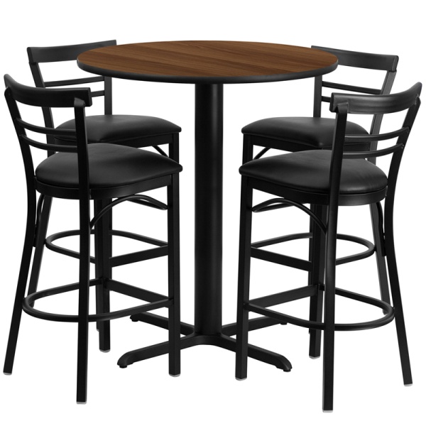 24-Round-Walnut-Laminate-Table-Set-with-4-Ladder-Back-Metal-Barstools-Black-Vinyl-Seat-by-Flash-Furniture