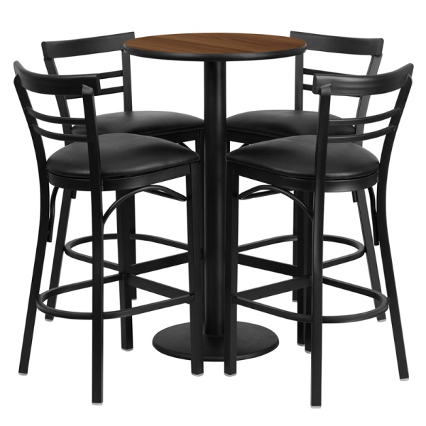 24-Round-Walnut-Laminate-Table-Set-with-4-Ladder-Back-Metal-Barstools-Black-Vinyl-Seat-by-Flash-Furniture