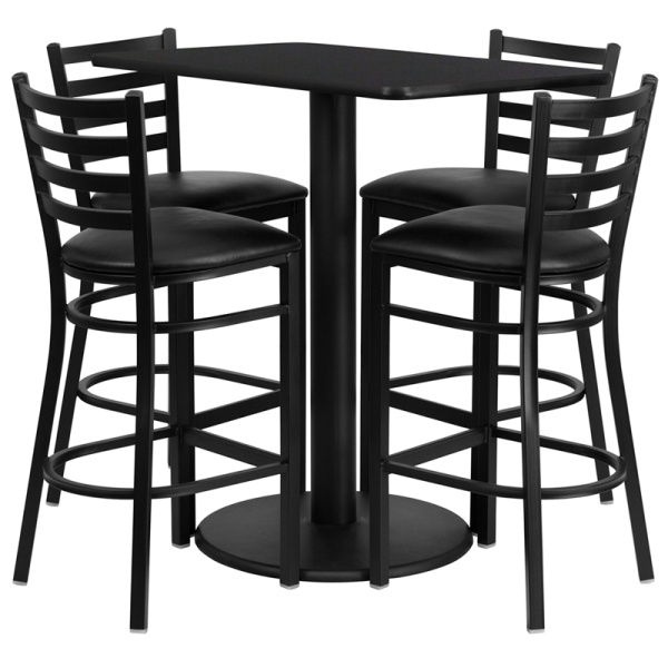24-x-42-Rectangular-Black-Laminate-Table-Set-with-4-Ladder-Back-Metal-Barstools-Black-Vinyl-Seat-by-Flash-Furniture