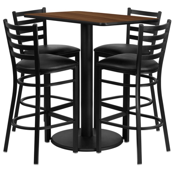 24-x-42-Rectangular-Walnut-Laminate-Table-Set-with-4-Ladder-Back-Metal-Barstools-Black-Vinyl-Seat-by-Flash-Furniture