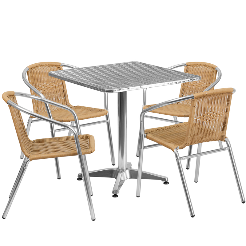 27.5'' Square Aluminum IndoorOutdoor Table Set with 4 Beige Rattan