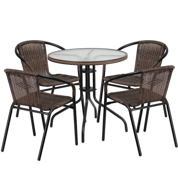 28-Round-Glass-Metal-Table-with-Dark-Brown-Rattan-Edging-and-4-Dark-Brown-Rattan-Stack-Chairs-by-Flash-Furniture