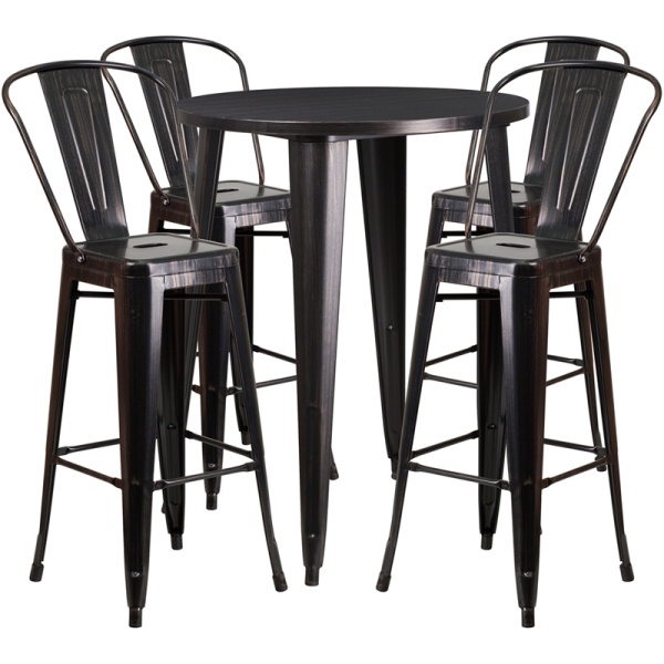 30-Round-Black-Antique-Gold-Metal-Indoor-Outdoor-Bar-Table-Set-with-4-Cafe-Stools-by-Flash-Furniture
