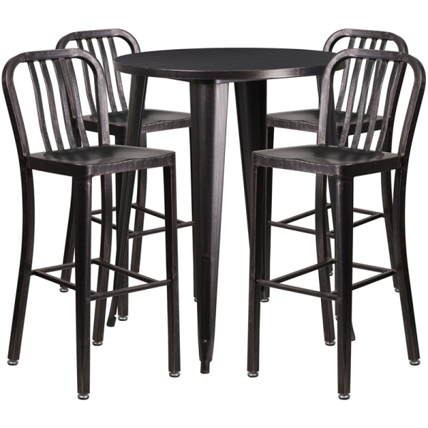 30-Round-Black-Antique-Gold-Metal-Indoor-Outdoor-Bar-Table-Set-with-4-Vertical-Slat-Back-Stools-by-Flash-Furniture