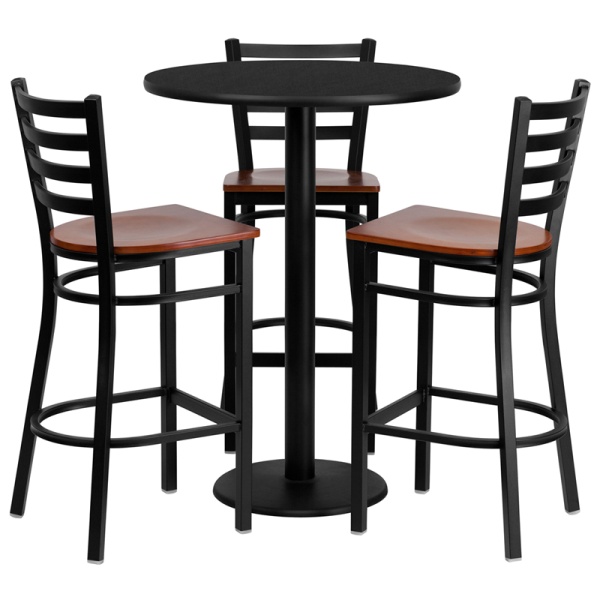 30-Round-Black-Laminate-Table-Set-with-3-Ladder-Back-Metal-Barstools-Cherry-Wood-Seat-by-Flash-Furniture