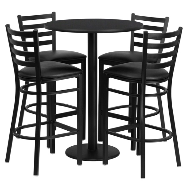 30-Round-Black-Laminate-Table-Set-with-4-Ladder-Back-Metal-Barstools-Black-Vinyl-Seat-by-Flash-Furniture