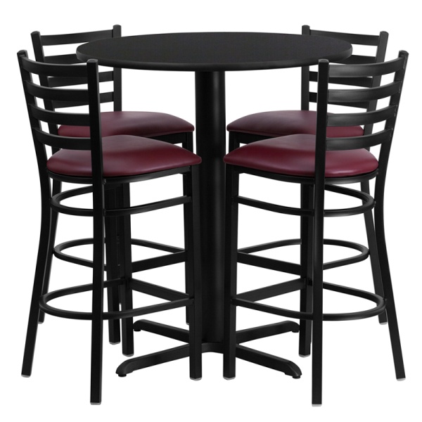 30-Round-Black-Laminate-Table-Set-with-4-Ladder-Back-Metal-Barstools-Burgundy-Vinyl-Seat-by-Flash-Furniture