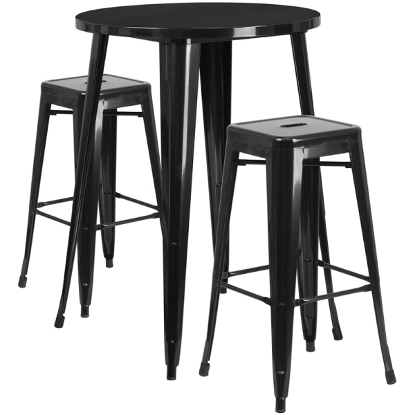 30-Round-Black-Metal-Indoor-Outdoor-Bar-Table-Set-with-2-Square-Seat-Backless-Stools-by-Flash-Furniture