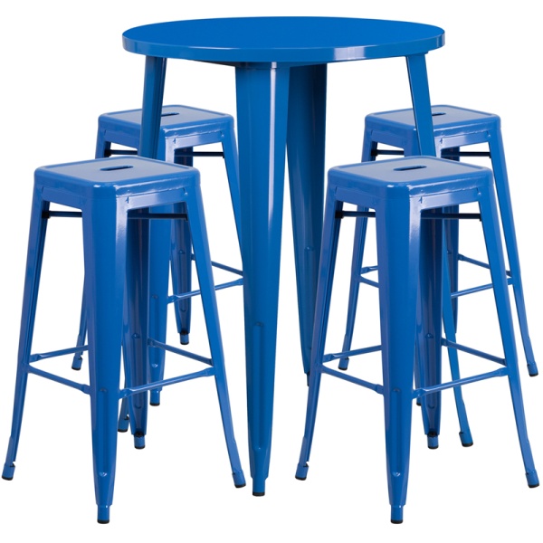 30-Round-Blue-Metal-Indoor-Outdoor-Bar-Table-Set-with-4-Square-Seat-Backless-Stools-by-Flash-Furniture