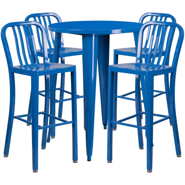 30-Round-Blue-Metal-Indoor-Outdoor-Bar-Table-Set-with-4-Vertical-Slat-Back-Stools-by-Flash-Furniture