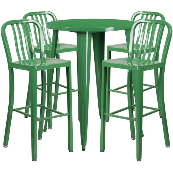 30-Round-Green-Metal-Indoor-Outdoor-Bar-Table-Set-with-4-Vertical-Slat-Back-Stools-by-Flash-Furniture