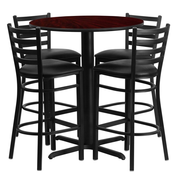 30-Round-Mahogany-Laminate-Table-Set-with-4-Ladder-Back-Metal-Barstools-Black-Vinyl-Seat-by-Flash-Furniture