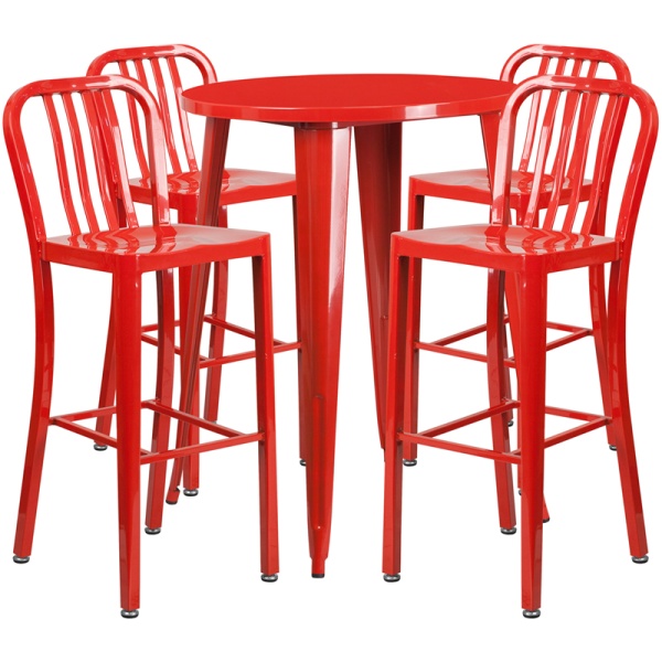 30-Round-Red-Metal-Indoor-Outdoor-Bar-Table-Set-with-4-Vertical-Slat-Back-Stools-by-Flash-Furniture