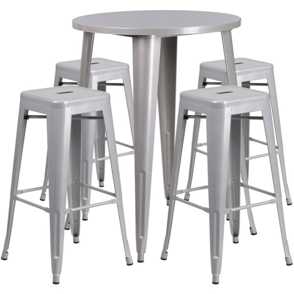 30-Round-Silver-Metal-Indoor-Outdoor-Bar-Table-Set-with-4-Square-Seat-Backless-Stools-by-Flash-Furniture