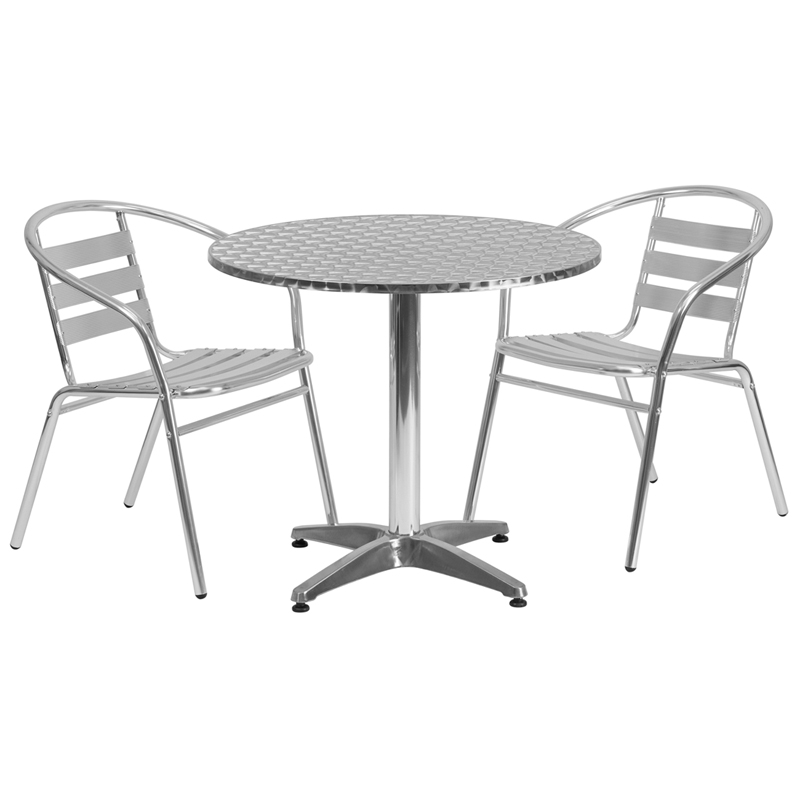 315 Round Aluminum Indoor Outdoor Table Set With 2 Slat Back Chairs