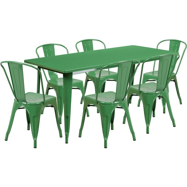 31.5-x-63-Rectangular-Green-Metal-Indoor-Outdoor-Table-Set-with-6-Stack-Chairs-by-Flash-Furniture