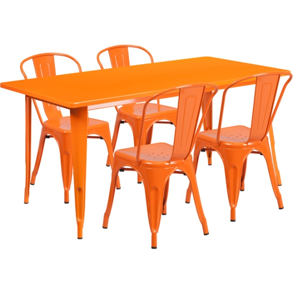 31.5-x-63-Rectangular-Orange-Metal-Indoor-Outdoor-Table-Set-with-4-Stack-Chairs-by-Flash-Furniture
