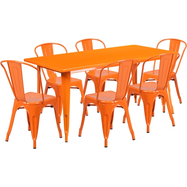 31.5-x-63-Rectangular-Orange-Metal-Indoor-Outdoor-Table-Set-with-6-Stack-Chairs-by-Flash-Furniture