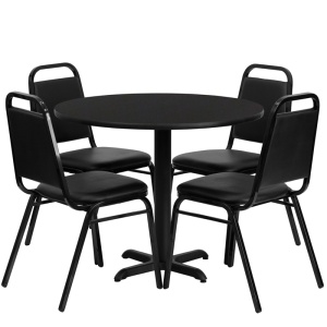 36'' Round Black Laminate Table Set with 4 Black Trapezoidal Back Banquet Chairs - by Flash Furniture