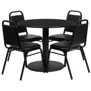 36'' Round Black Laminate Table Set with 4 Black Trapezoidal Back Banquet Chairs - by Flash Furniture