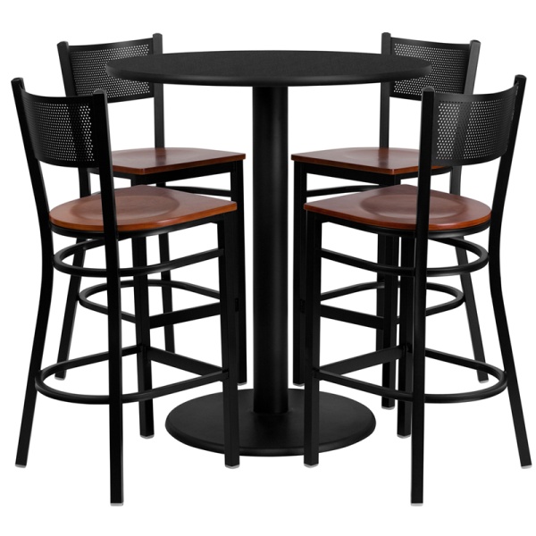 36-Round-Black-Laminate-Table-Set-with-4-Grid-Back-Metal-Barstools-Cherry-Wood-Seat-by-Flash-Furniture