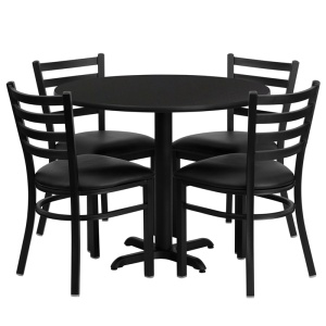 36'' Round Black Laminate Table Set with 4 Ladder Back Metal Chairs - Black Vinyl Seat - by Flash Furniture