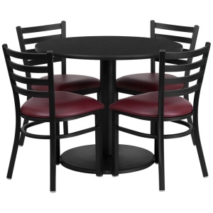 36'' Round Black Laminate Table Set with 4 Ladder Back Metal Chairs - Burgundy Vinyl Seat - by Flash Furniture