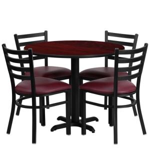 36'' Round Mahogany Laminate Table Set with 4 Ladder Back Metal Chairs - Burgundy Vinyl Seat - by Flash Furniture