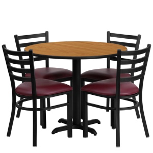 36'' Round Natural Laminate Table Set with 4 Ladder Back Metal Chairs - Burgundy Vinyl Seat - by Flash Furniture