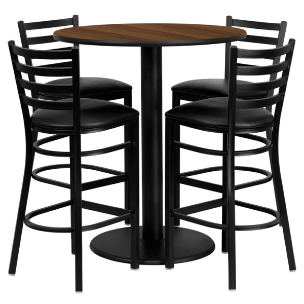36-Round-Walnut-Laminate-Table-Set-with-4-Ladder-Back-Metal-Barstools-Black-Vinyl-Seat-by-Flash-Furniture