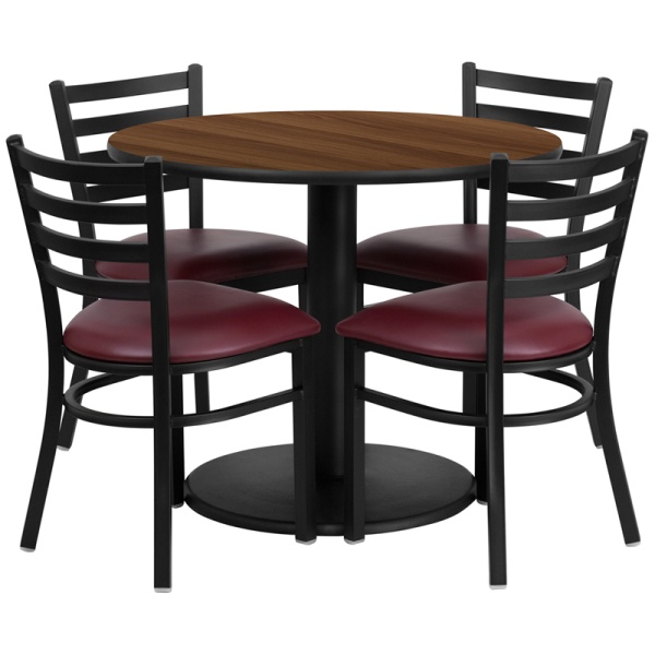 36-Round-Walnut-Laminate-Table-Set-with-4-Ladder-Back-Metal-Chairs-Burgundy-Vinyl-Seat-by-Flash-Furniture