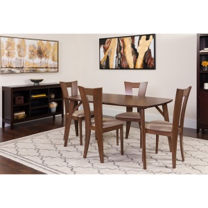 Barnes 5 Piece Walnut Wood Dining Table Set with Slotted Back Wood Dining Chairs - Padded Seats by Flash Furniture