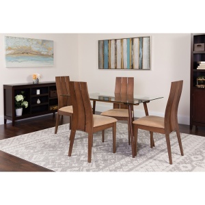 Berkeley 5 Piece Walnut Wood Dining Table Set with Glass Top and Wide Slat Back Wood Dining Chairs - Padded Seats by Flash Furniture