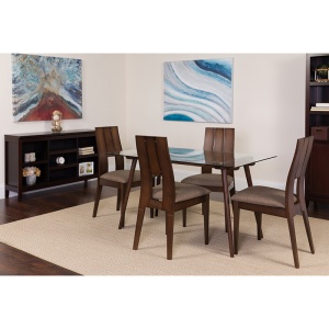 Carson 5 Piece Espresso Wood Dining Table Set with Glass Top and Curved Slat Keyhole Back Wood Dining Chairs - Padded Seats by Flash Furniture