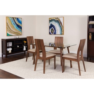Carson 5 Piece Walnut Wood Dining Table Set with Glass Top and Curved Slat Keyhole Back Wood Dining Chairs - Padded Seats by Flash Furniture