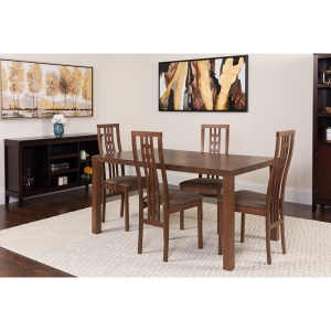Chatham 5 Piece Walnut Wood Dining Table Set with High Triple Window Pane Back Wood Dining Chairs - Padded Seats by Flash Furniture